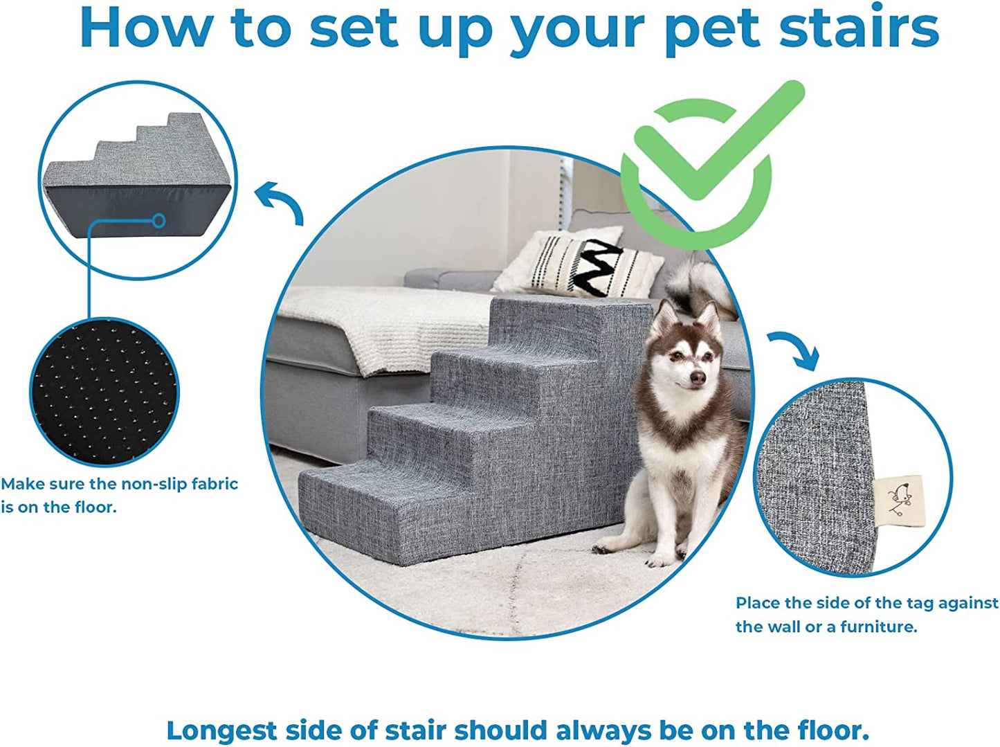 Foam Pet Stairs for Small Dogs and Cats - Non-Slip Indoor 3-Step Support Ramp, Foldable and No Assembly Required