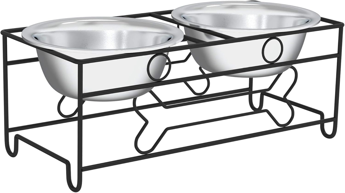 Set of 2 Stainless Steel Dog Bowls - 40 Oz Pet Bowls with Decorative Stand - Metal Food and Water Dishes for Large Pets - Puppy Essentials (Silver/Black)