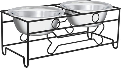 Set of 2 Stainless Steel Dog Bowls - 40 Oz Pet Bowls with Decorative Stand - Metal Food and Water Dishes for Large Pets - Puppy Essentials (Silver/Black)