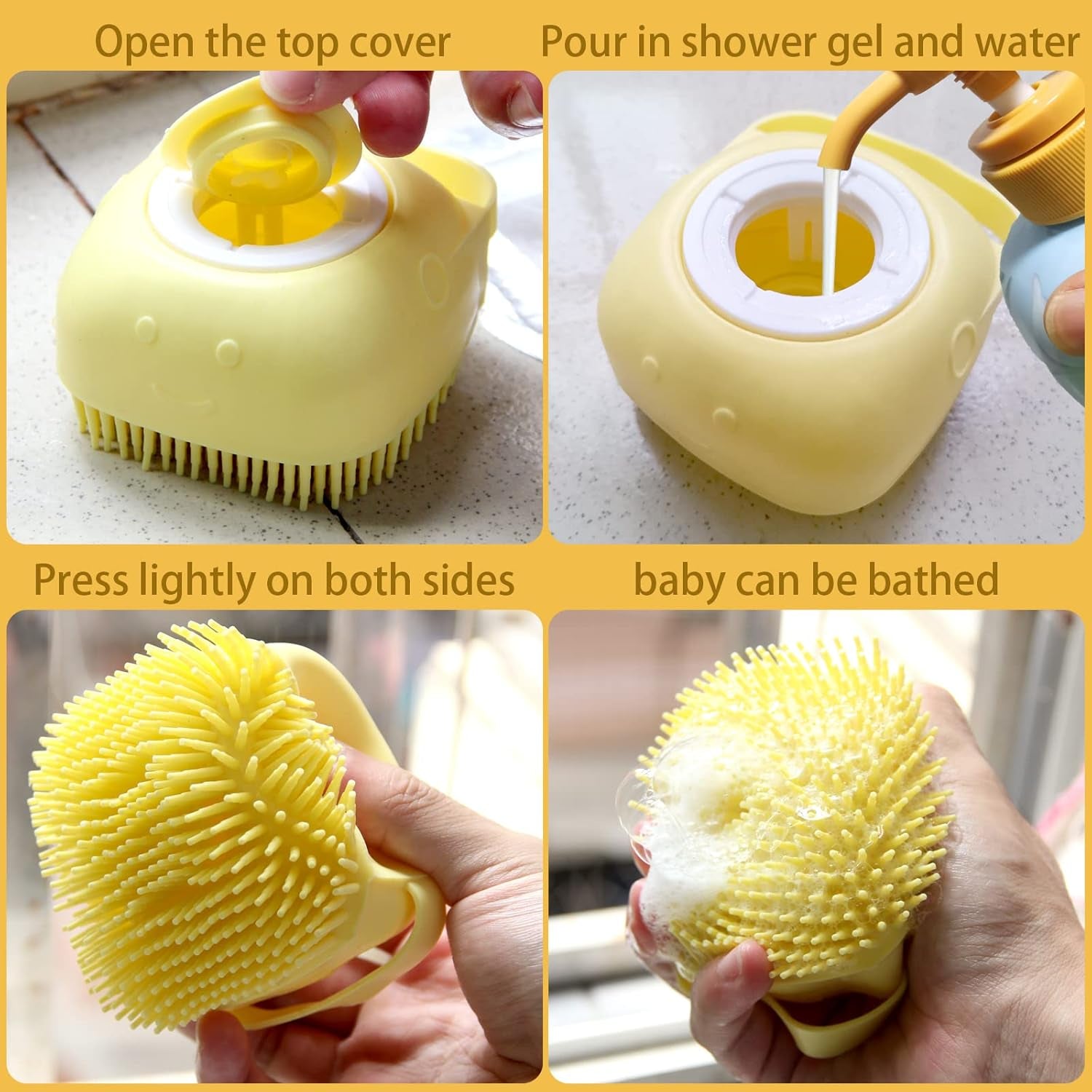 Pet Bath Brush with Integrated Shampoo Dispenser for Dogs (Yellow)