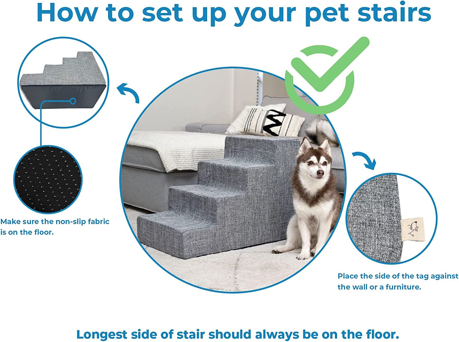 Foam Pet Stairs for Small Dogs and Cats - Non-Slip Indoor 3-Step Support Ramp, Foldable and No Assembly Required