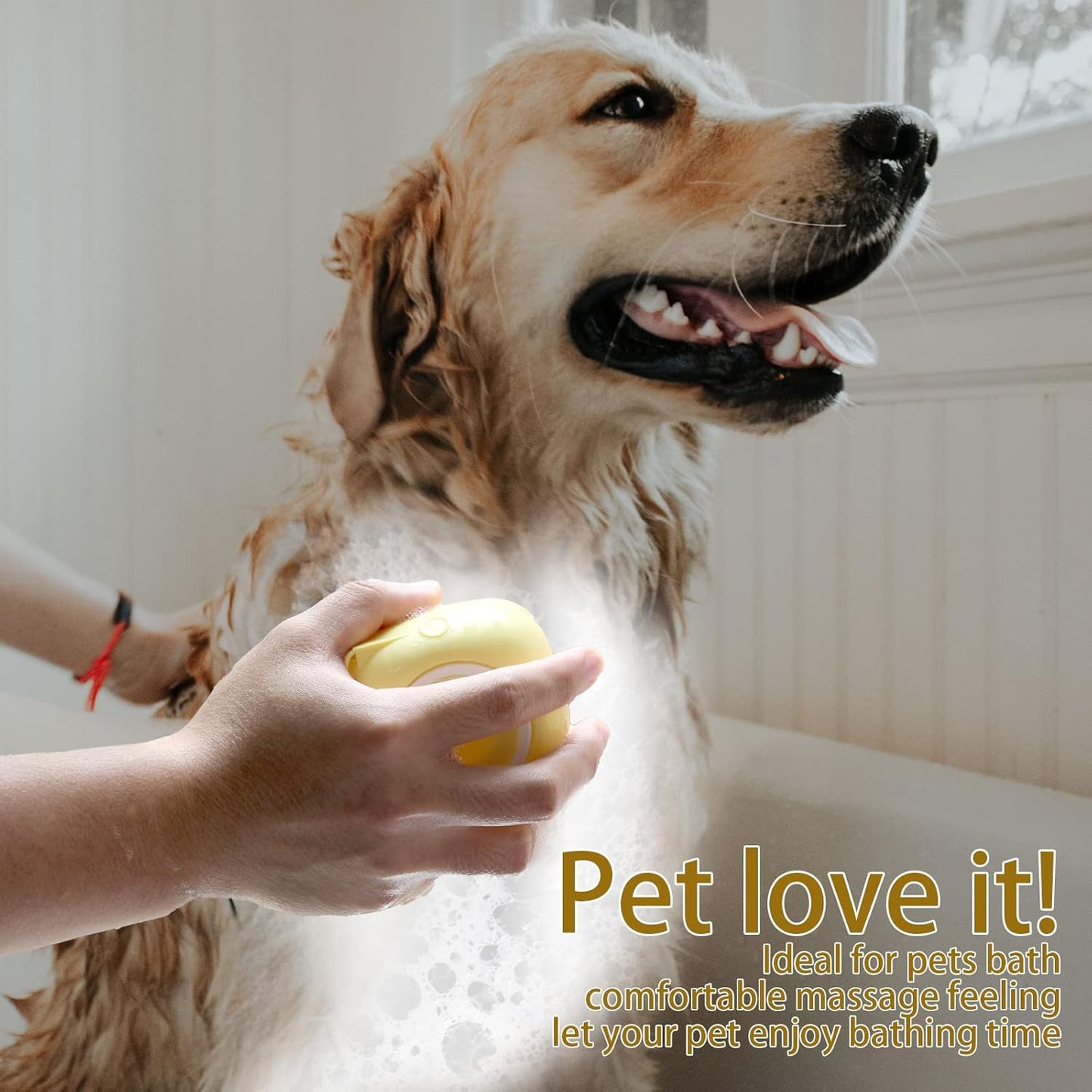Pet Bath Brush with Integrated Shampoo Dispenser for Dogs (Yellow)