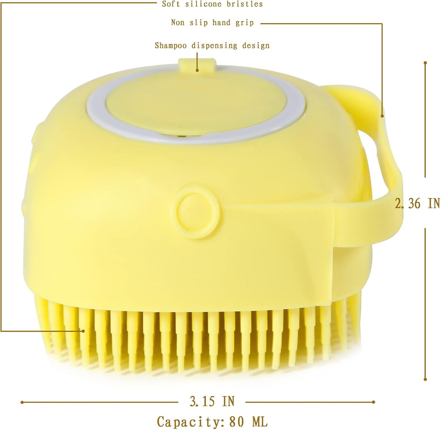 Pet Bath Brush with Integrated Shampoo Dispenser for Dogs (Yellow)