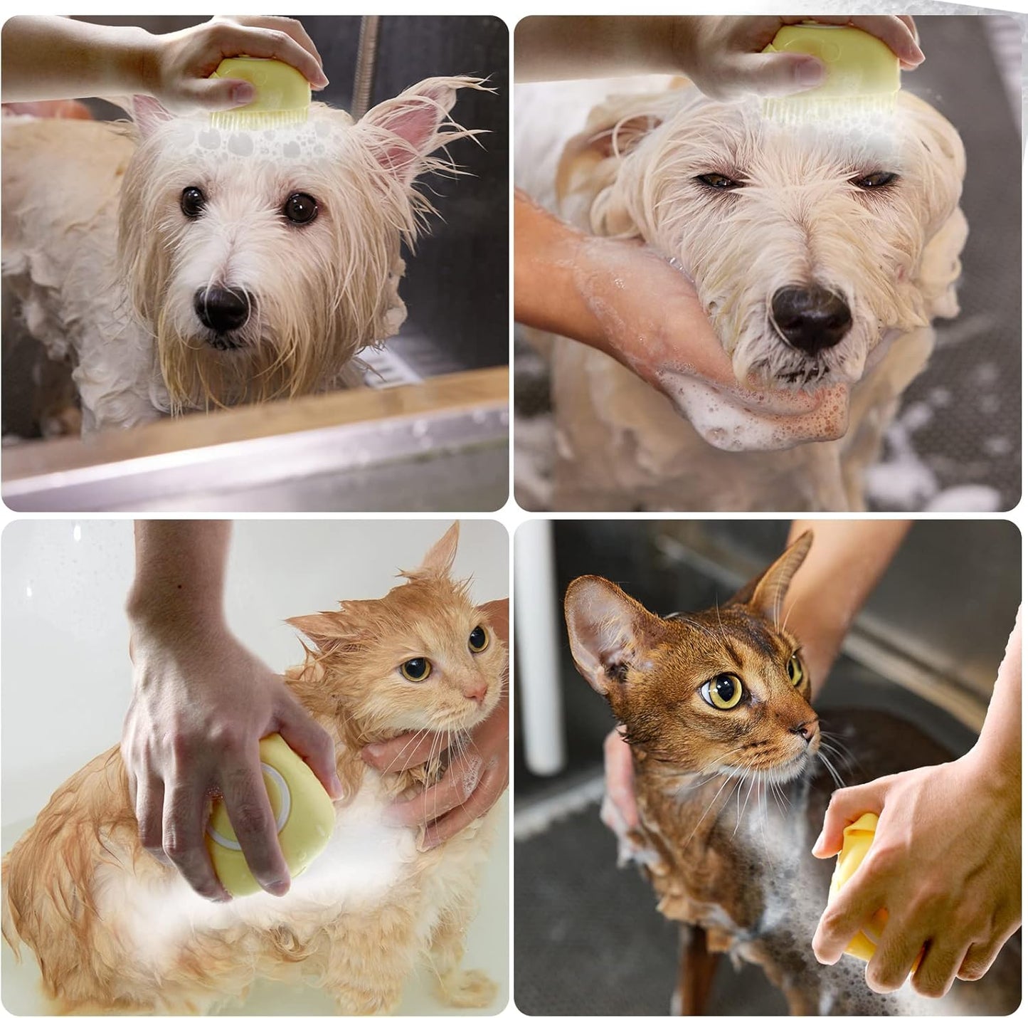 Pet Bath Brush with Integrated Shampoo Dispenser for Dogs (Yellow)