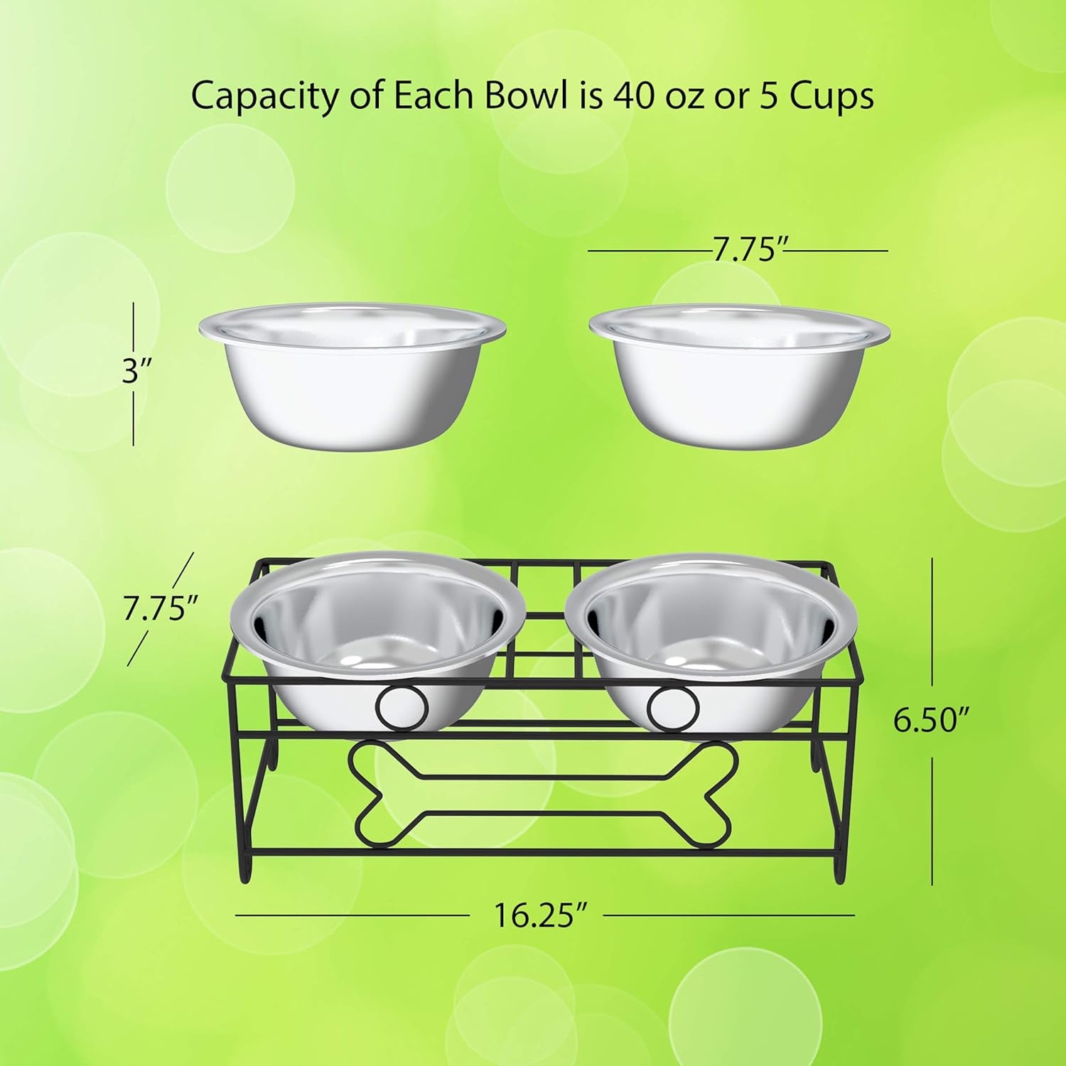 Set of 2 Stainless Steel Dog Bowls - 40 Oz Pet Bowls with Decorative Stand - Metal Food and Water Dishes for Large Pets - Puppy Essentials (Silver/Black)