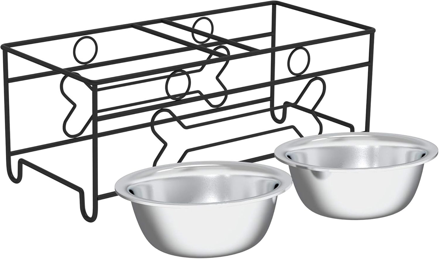 Set of 2 Stainless Steel Dog Bowls - 40 Oz Pet Bowls with Decorative Stand - Metal Food and Water Dishes for Large Pets - Puppy Essentials (Silver/Black)