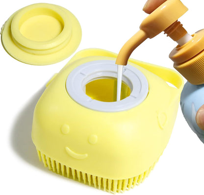 Pet Bath Brush with Integrated Shampoo Dispenser for Dogs (Yellow)