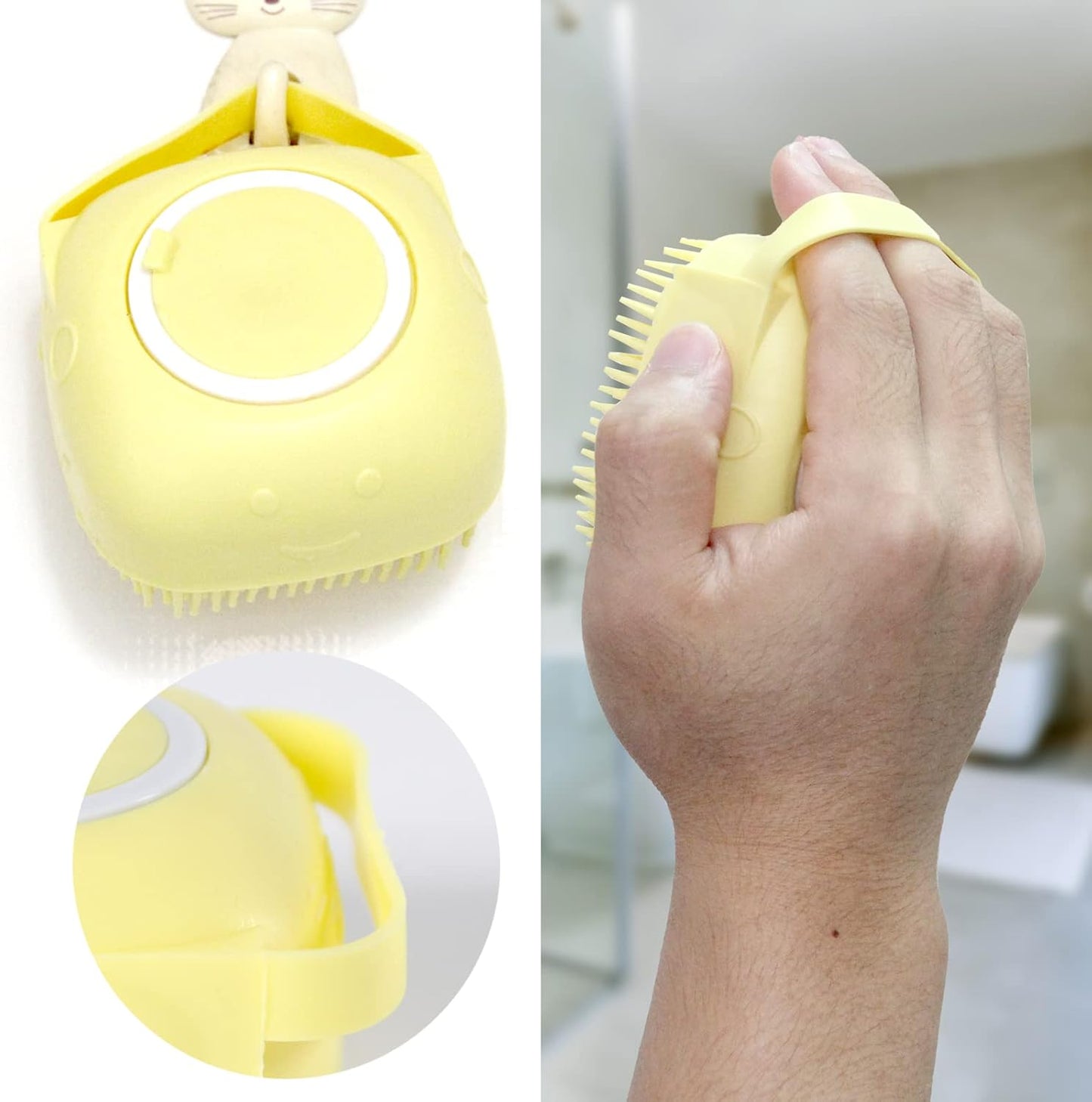 Pet Bath Brush with Integrated Shampoo Dispenser for Dogs (Yellow)